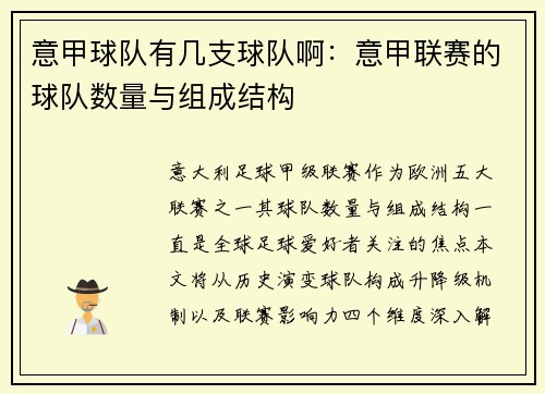 意甲球队有几支球队啊：意甲联赛的球队数量与组成结构