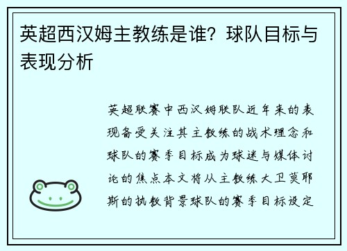 英超西汉姆主教练是谁？球队目标与表现分析